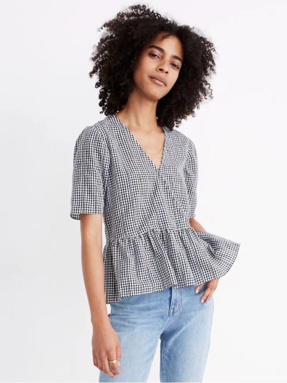 Madewell Crossover Peplum Top in Gingham Lace True Black Size Medium